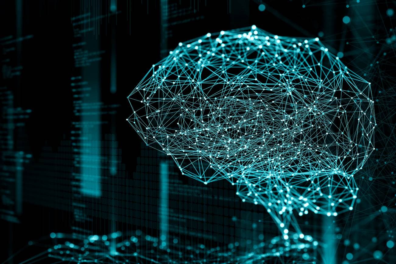 Wireframe brain built from glowing nodes over a dark data-stream background